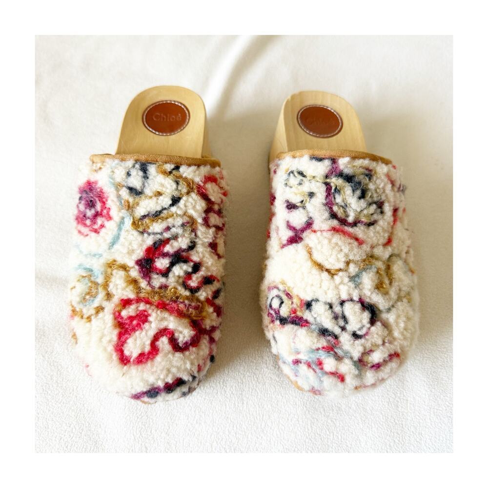 Chloe Joy Shearling Clog Mule Floral Embroidered Cream Size 38 - Picture 2 of 8